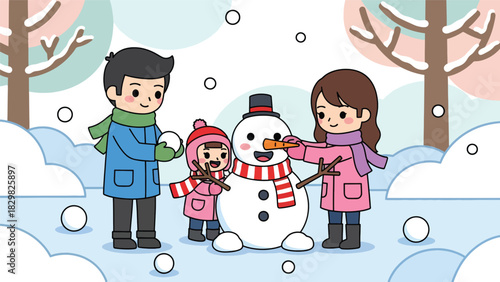 Kawaii family building a smiling snowman outdoors. Ideal for playful winter activities, family bonding, and adorable Christmas fun