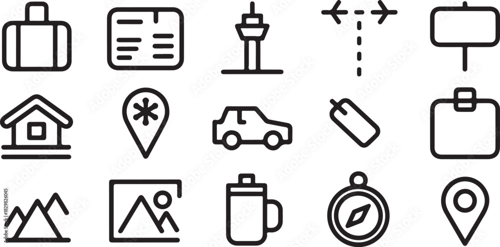 Fototapeta premium Travel and tourism minimal black and white icon set representing various aspects of vacation