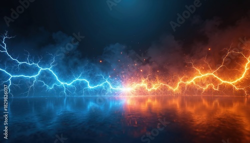 Blue and orange lightning strikes clash over reflective dark water surface. Fiery sparks fly creating energetic abstract background. Dramatic powerful collision of forces. © Viktor