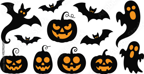 Multiple scary black bat silhouettes and carved pumpkins with a spooky ghost on a clean white space
