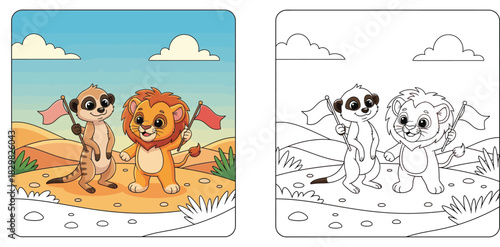 Cute cartoon lion and meerkat holding flags in desert vector illustration. Adorable wild animal friends standing on sand dunes with blue sky background.