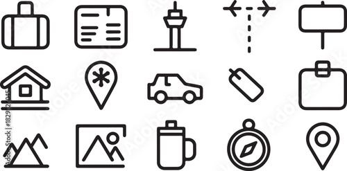 Travel and tourism minimal black and white icon set representing various aspects of vacation
