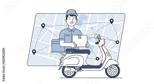 Delivery driver on a scooter navigating a city map for logistics and delivery services