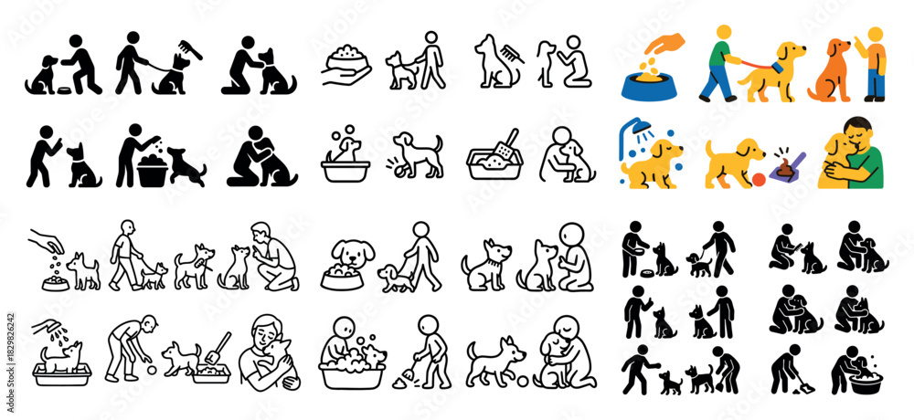 Fototapeta premium Dog and owner care routine icons