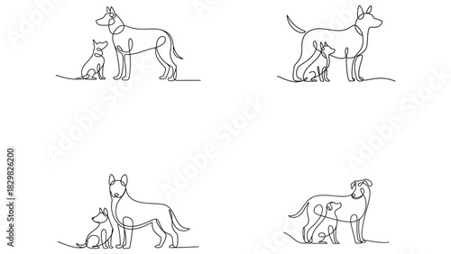 Dog and puppy in minimalist continuous line drawing style
