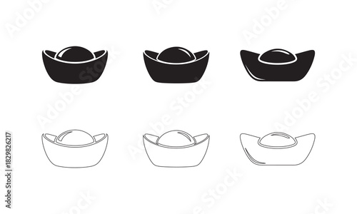 Chinese Gold Sycee Icon Set | Wealth, Fortune, and Money Symbol Vector