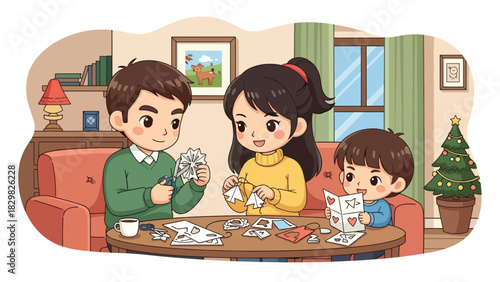 Kawaii family building a smiling snowman outdoors. Ideal for playful winter activities, family bonding, and adorable Christmas fun