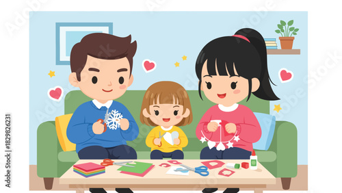 Kawaii family building a smiling snowman outdoors. Ideal for playful winter activities, family bonding, and adorable Christmas fun