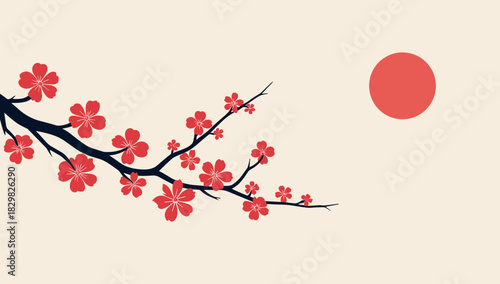Cherry blossom branch lunar new year vibrant red sakura blooms with rising sun minimal japanese aesthetic concept
