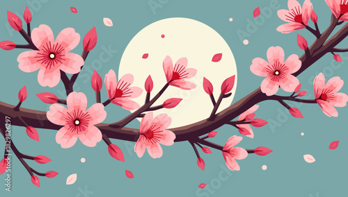 Cherry blossom branch lunar new year glowing pink sakura petals under moonlight on teal sky tranquil night concept