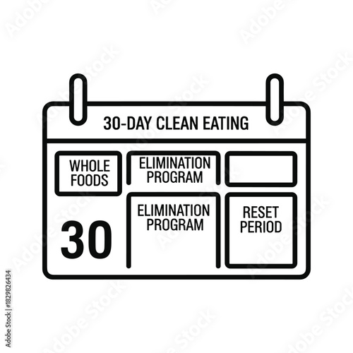 Thirty-day clean eating program calendar icon featuring whole foods elimination and reset period