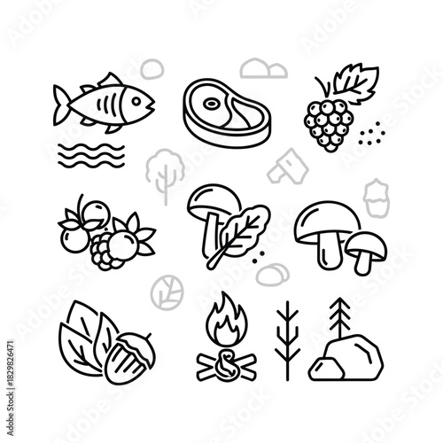 Outdoor survival food and nature elements vector icons set. foraging, fishing, hunting, camping graphics.