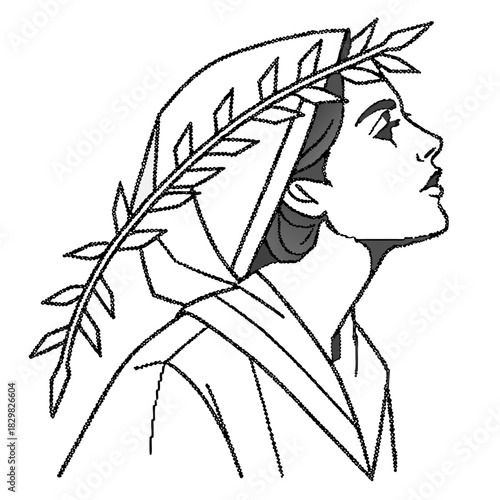 Profile of a young woman wearing a laurel wreath and hood