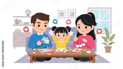 Kawaii family building a smiling snowman outdoors. Ideal for playful winter activities, family bonding, and adorable Christmas fun