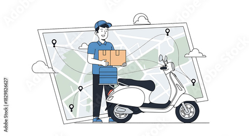 Delivery person on a scooter with packages and a map