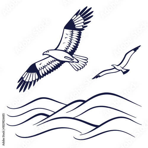 Two birds of prey soaring over stylized ocean waves