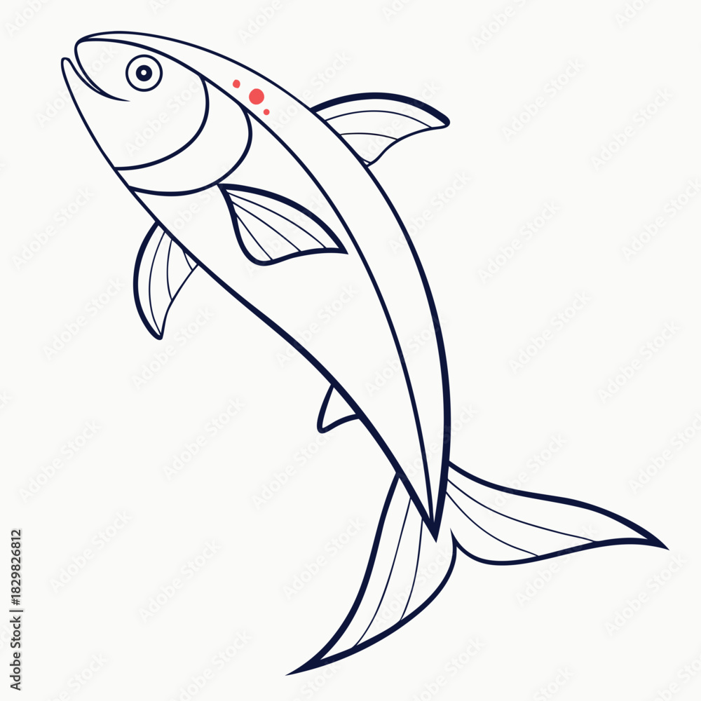 Fototapeta premium Stylized line art of a salmon jumping upwards with red spots