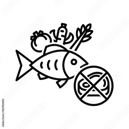 No fish icon representing dietary restriction, seafood allergy, or forbidden food symbol vector