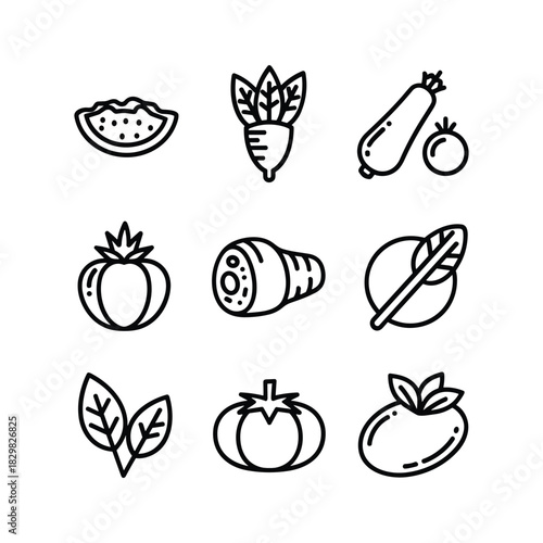 Line art icons of assorted fruits, vegetables, and meat for grocery, diet, and kitchen use