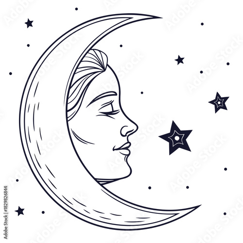 Crescent moon with a serene face and stars in a celestial night sky