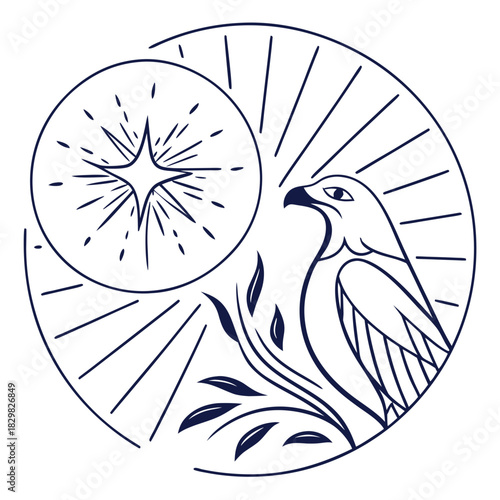 Elegant line art of a falcon and star within a circular frame