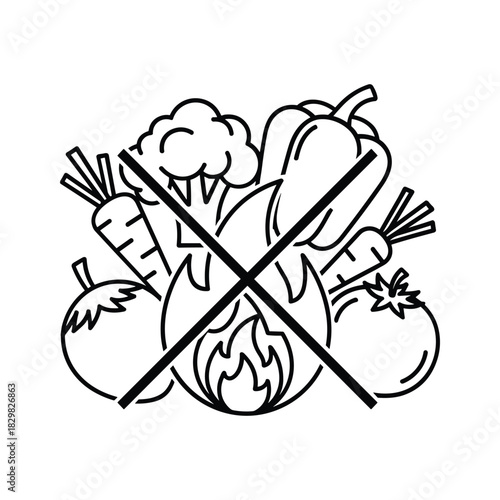 No cooking vegetables symbol. forbidden hot food, raw diet, health restriction line icon art.