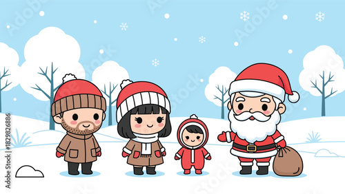 Kawaii family visiting Santa Claus and enjoying a magical Christmas moment. Ideal for adorable festive scenes, holiday joy, and winter tradition visuals.