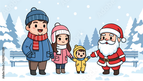 Kawaii family visiting Santa Claus and enjoying a magical Christmas moment. Ideal for adorable festive scenes, holiday joy, and winter tradition visuals.