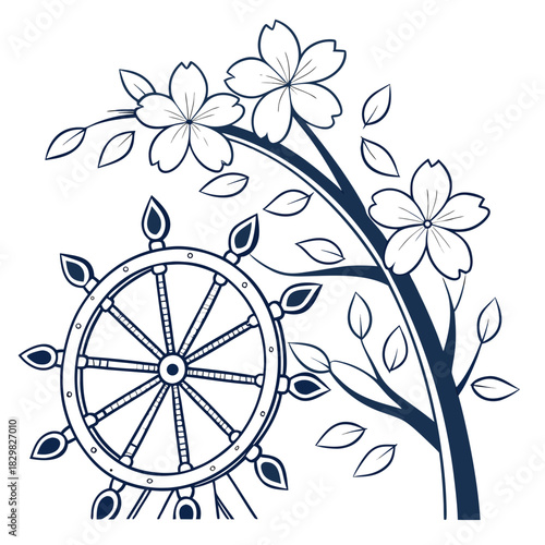 Dharma wheel and cherry blossoms line art