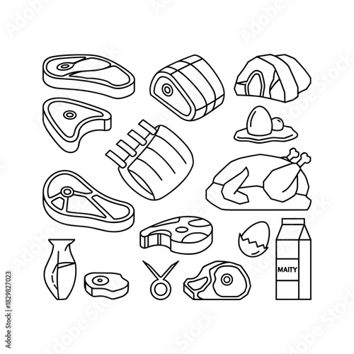 Outline food icons set: meat cuts, poultry, eggs, milk, and kitchen tool for grocery design
