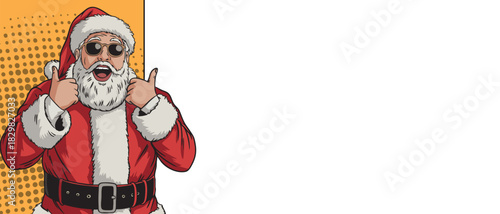 Pop art Santa Claus laughing and showing all is well in front of a blank banner