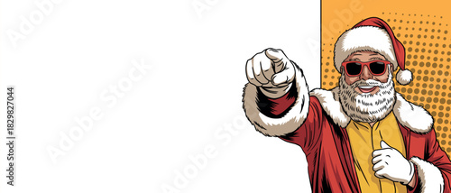 A pop art Santa Claus laughing and pointing at you next to a blank banner