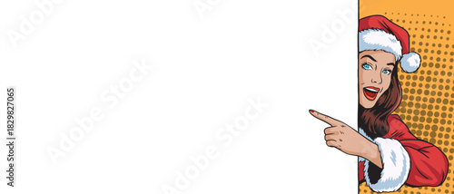 A pop art Santa Claus girl peeks out from behind a blank banner