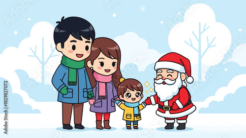 Kawaii family visiting Santa Claus and enjoying a magical Christmas moment. Ideal for adorable festive scenes, holiday joy, and winter tradition visuals.