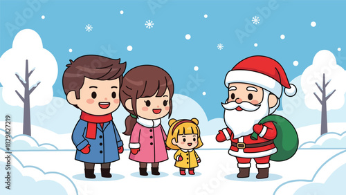 Kawaii family visiting Santa Claus and enjoying a magical Christmas moment. Ideal for adorable festive scenes, holiday joy, and winter tradition visuals.
