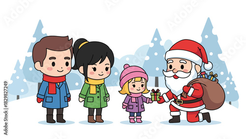 Kawaii family visiting Santa Claus and enjoying a magical Christmas moment. Ideal for adorable festive scenes, holiday joy, and winter tradition visuals.