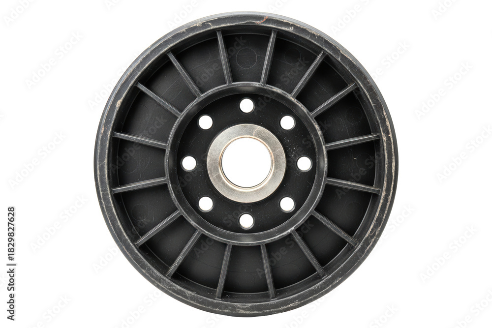 Obraz premium Black plastic idler pulley wheel with central metal bearing isolated on transparent background