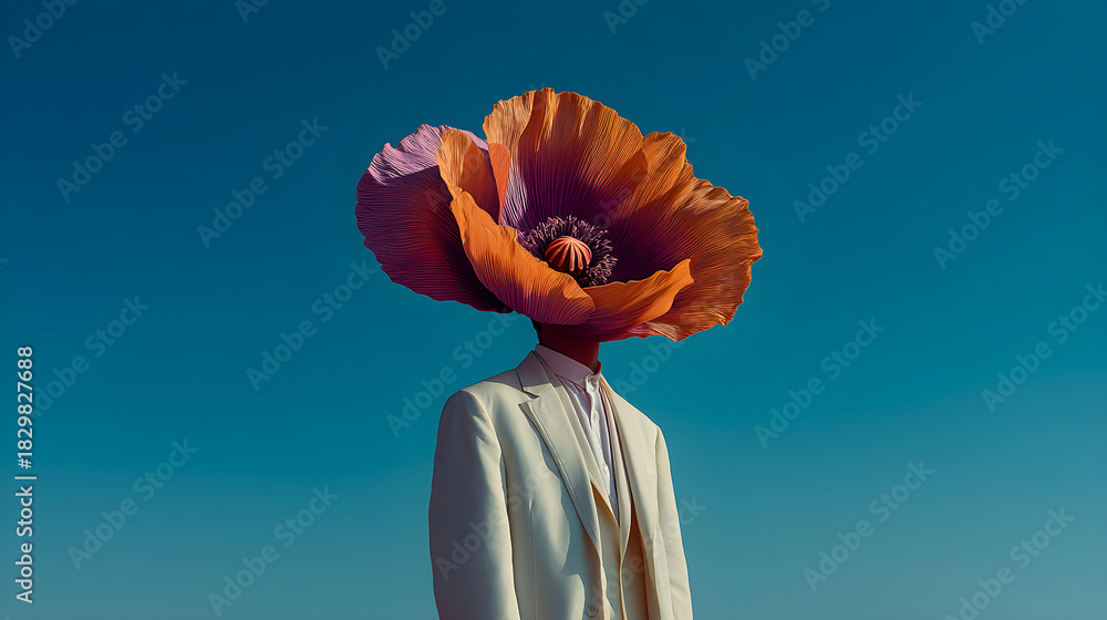 Obraz premium Man in suit with large poppy flower head