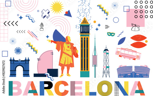 Typography word Barcelona branding technology concept, Memphis video screen. Collection flat vector web icons. Culture travel set famous architectures, detailed silhouette. Spain landmark illustration