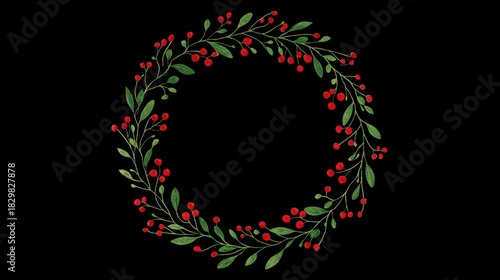 Christmas wreath composed of green leaves and red berries arranged in circular form on solid black background, presenting festive botanical decorative design for holiday-themed composition.