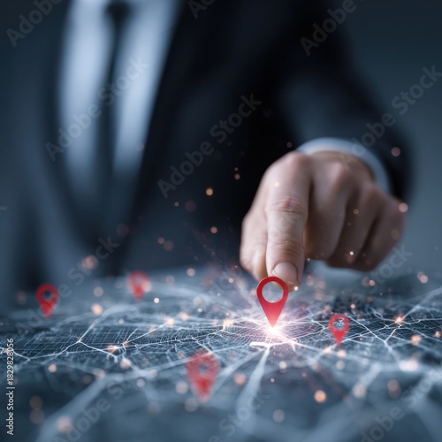 Businessman points to glowing map with location markers