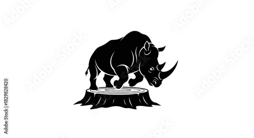 Silhouette of a rhinoceros leaping from a tree stump in monochrome style.