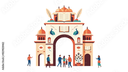 A welcoming flat design illustration of a grand archway, adorned with books and Indian motifs, signifying the entrance to a vibrant literature festival in India. 