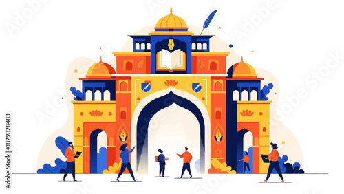 A welcoming flat design illustration of a grand archway, adorned with books and Indian motifs, signifying the entrance to a vibrant literature festival in India. 
