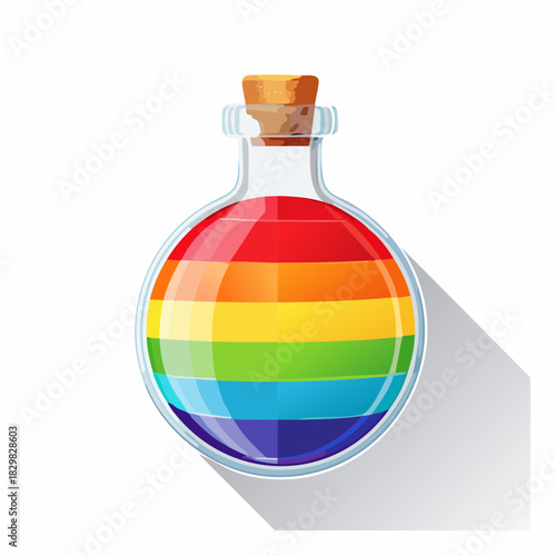 Round Glass Potion Bottle Filled With Rainbow Colored Liquid With A Cork Stopper And Long Shadow On A White Background