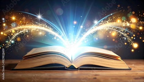 Open book on a wooden surface, with glowing magical lights emanating from it, creating a mystical atmosphere