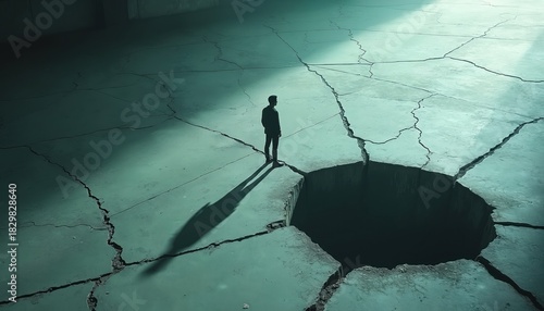 Solitary man stands on fractured concrete surface beneath dramatic light. Deep crack dominates ground creating sense of isolation, ruin. Scene conveys bleakness despair, forgotten existence in urban
