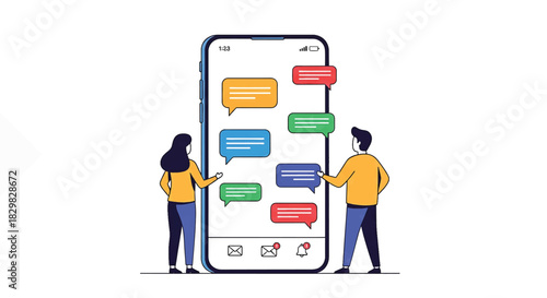 Two people communicating through mobile phones with chat bubbles