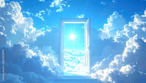Open door, bright sun, and clouds. A path leads to sky