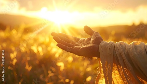 Open hand reaching towards sunlit, golden meadow with grassy field backdrop; soft, hopeful scene